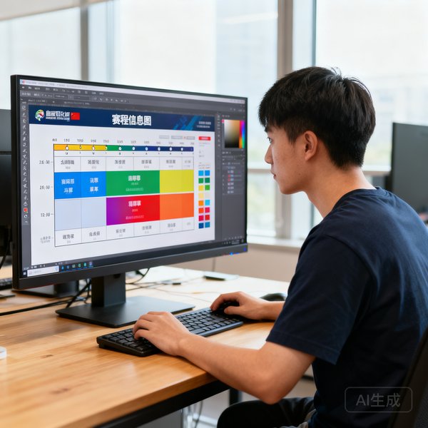 王浩然，信息可视化设计师，留着短发穿着深色T恤，正在用设计软件调整赛程信息图的配色方案