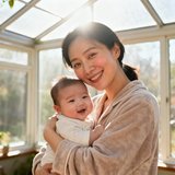 32岁年轻母亲林悦的半身照，抱着婴儿在阳光房内微笑，穿着舒适的家居服，面色红润气色良好